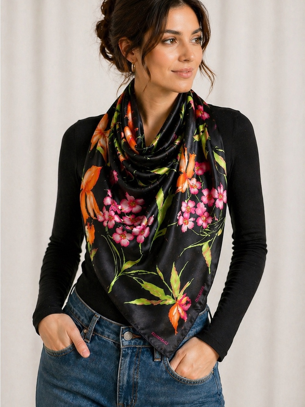 Ellen Tracy Silk Floral Scarf Wrap Shawl Black Orange Pink Boho Luxury 35”